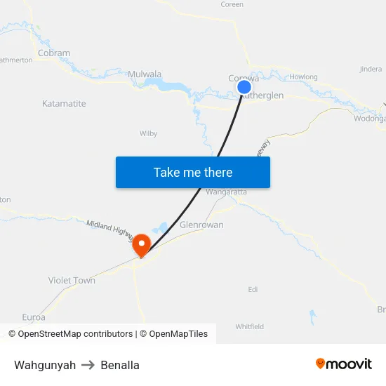 Wahgunyah to Benalla map