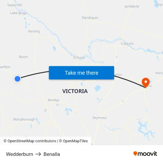 Wedderburn to Benalla map