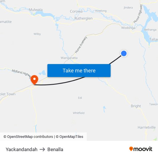 Yackandandah to Benalla map