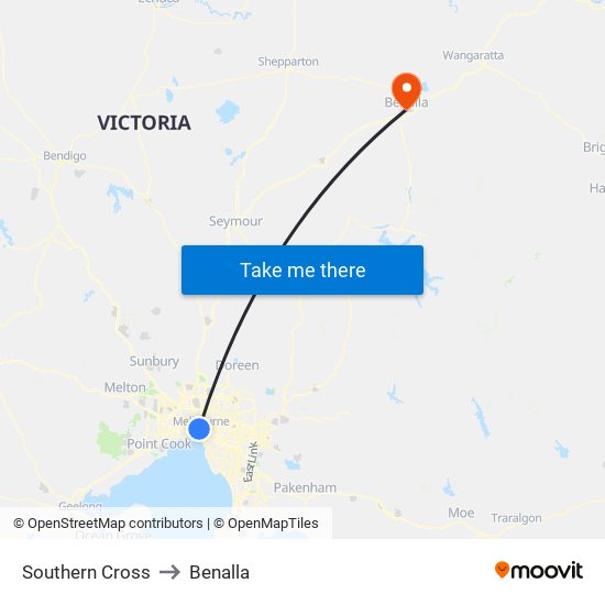 Southern Cross to Benalla map