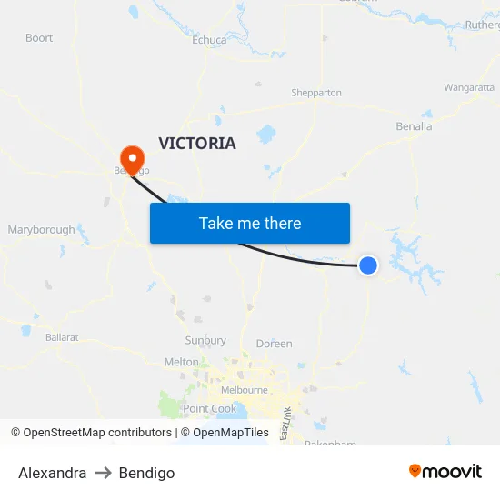 Alexandra to Bendigo map