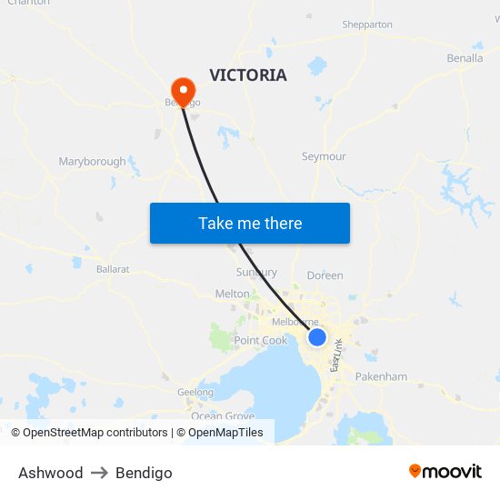 Ashwood to Bendigo map