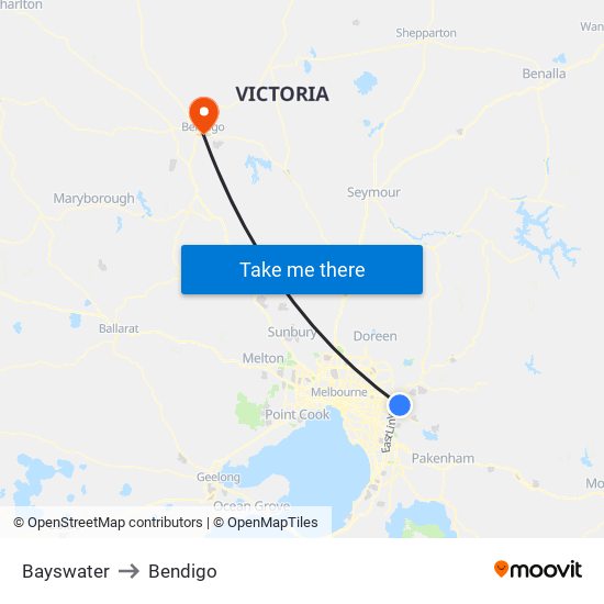 Bayswater to Bendigo map