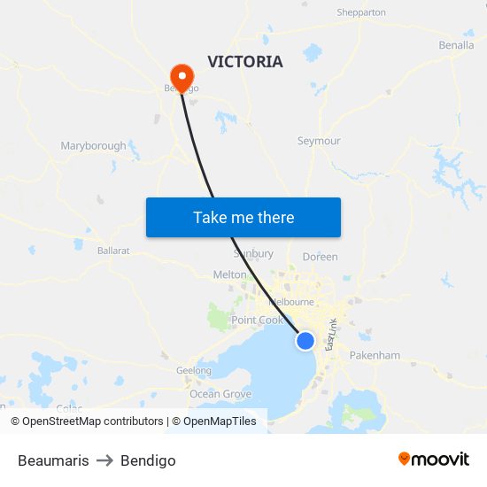 Beaumaris to Bendigo map