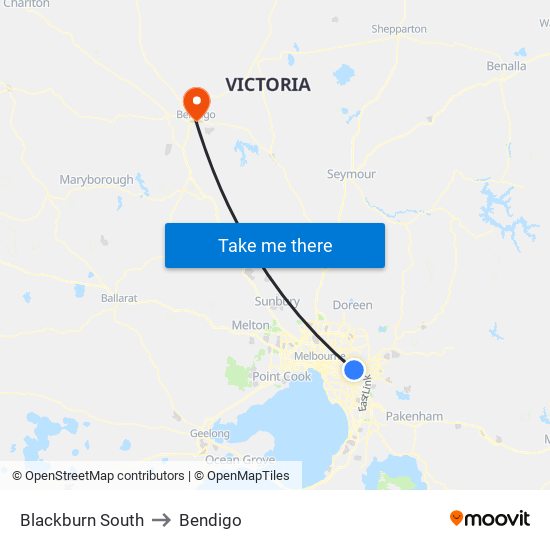 Blackburn South to Bendigo map