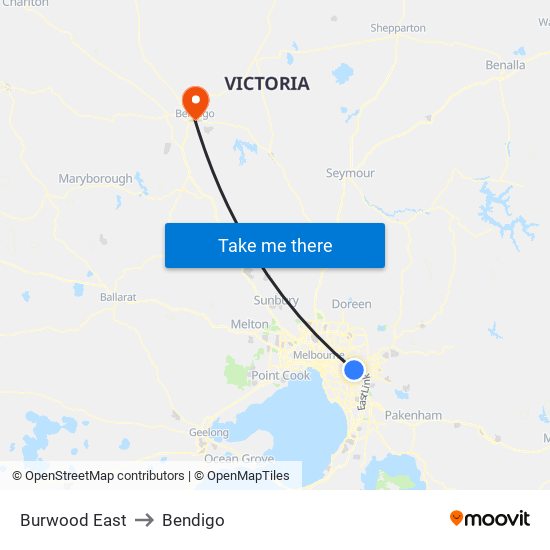 Burwood East to Bendigo map