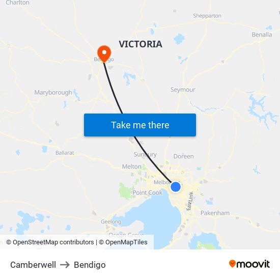 Camberwell to Bendigo map