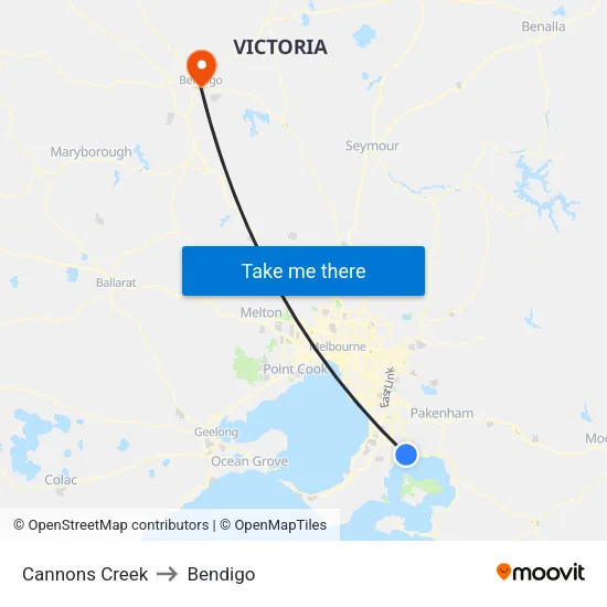 Cannons Creek to Bendigo map
