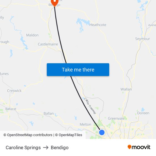 Caroline Springs to Bendigo map