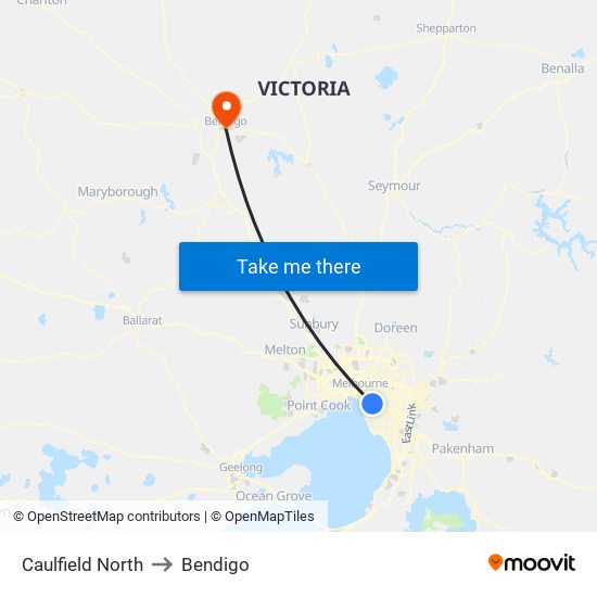 Caulfield North to Bendigo map