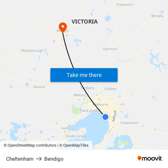 Cheltenham to Bendigo map