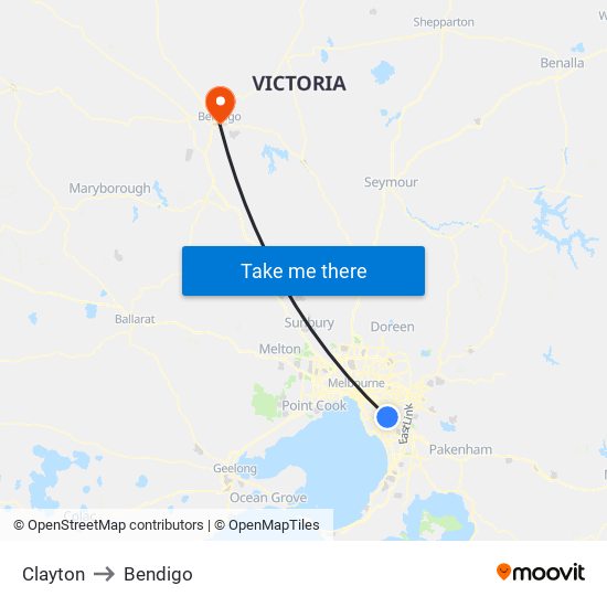 Clayton to Bendigo map