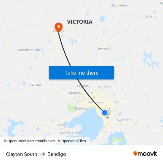 Clayton South to Bendigo map