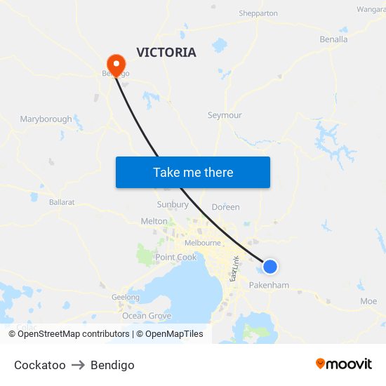 Cockatoo to Bendigo map