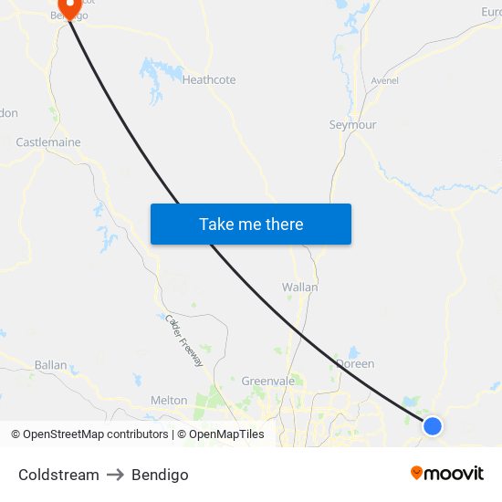 Coldstream to Bendigo map