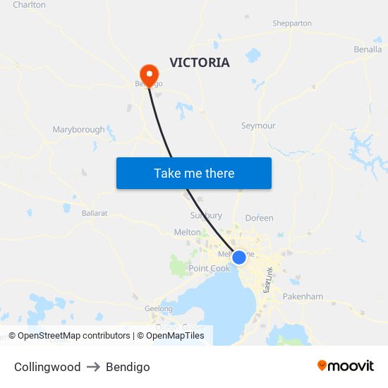 Collingwood to Bendigo map