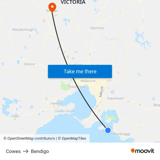Cowes to Bendigo map
