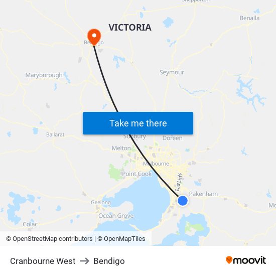 Cranbourne West to Bendigo map