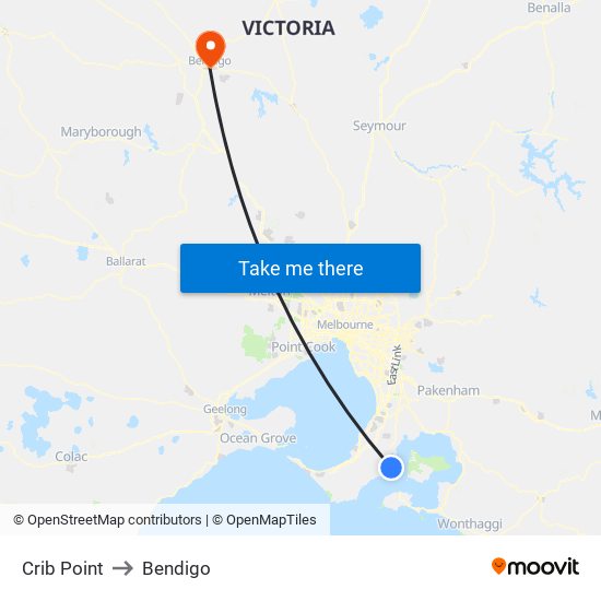 Crib Point to Bendigo map