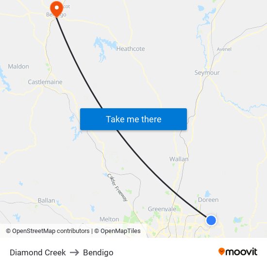 Diamond Creek to Bendigo map