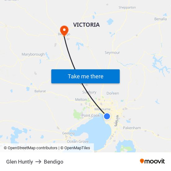 Glen Huntly to Bendigo map