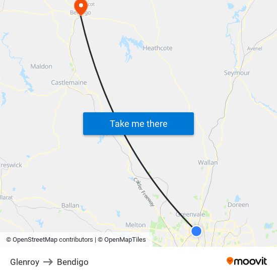 Glenroy to Bendigo map