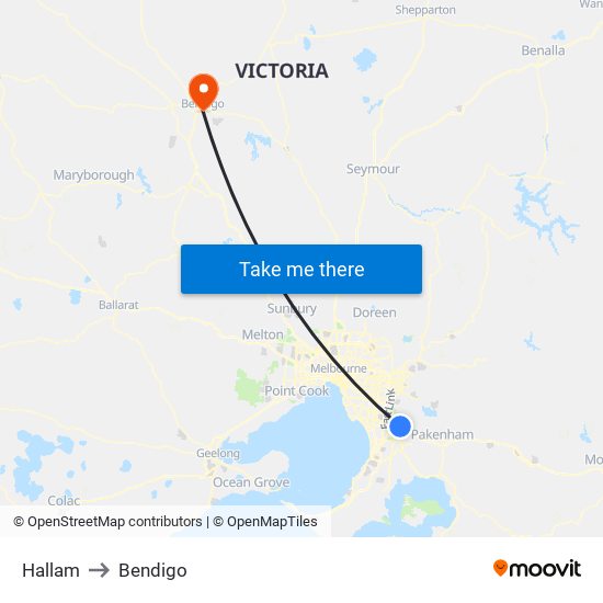 Hallam to Bendigo map