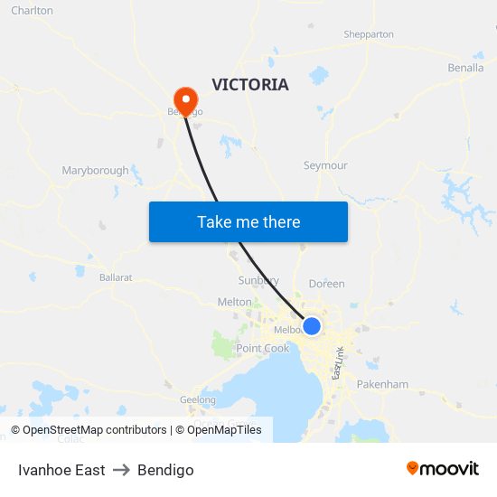 Ivanhoe East to Bendigo map