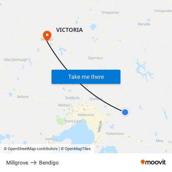 Millgrove to Bendigo map