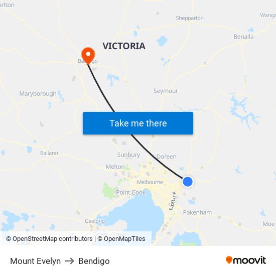 Mount Evelyn to Bendigo map