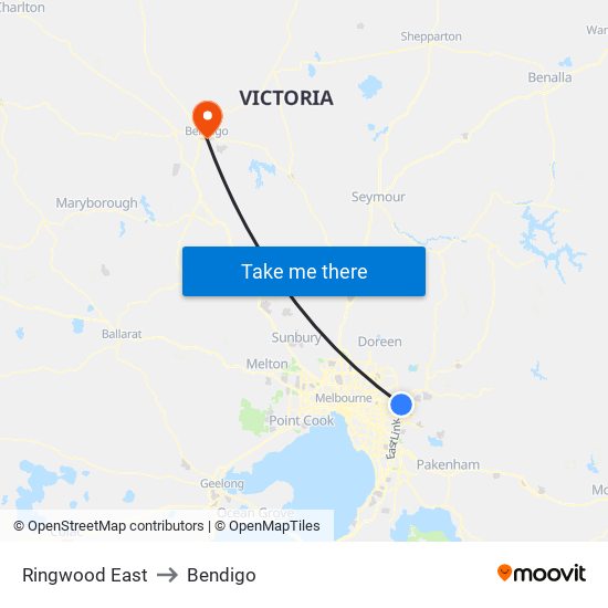 Ringwood East to Bendigo map