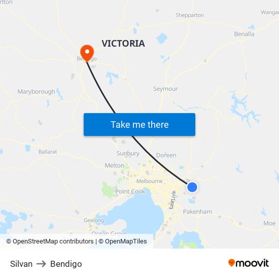 Silvan to Bendigo map