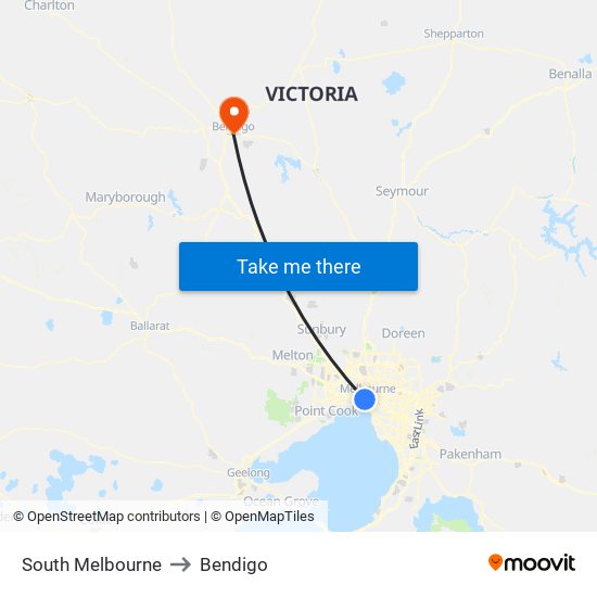 South Melbourne to Bendigo map