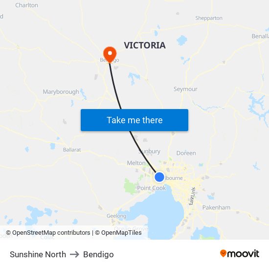 Sunshine North to Bendigo map