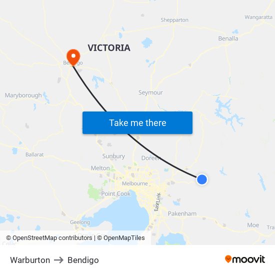 Warburton to Bendigo map