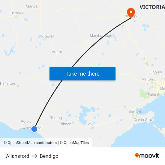 Allansford to Bendigo map