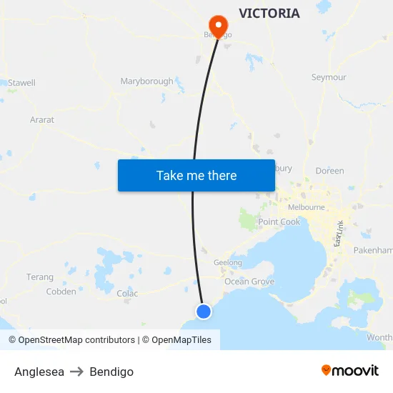 Anglesea to Bendigo map