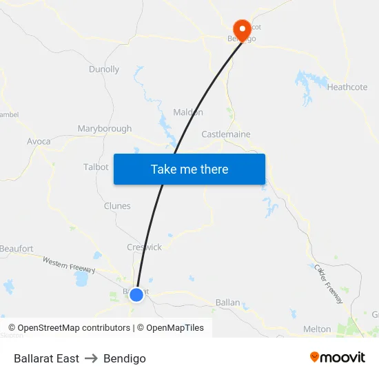 Ballarat East to Bendigo map