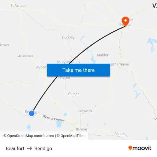 Beaufort to Bendigo map