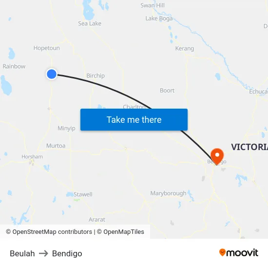 Beulah to Bendigo map