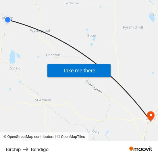 Birchip to Bendigo map