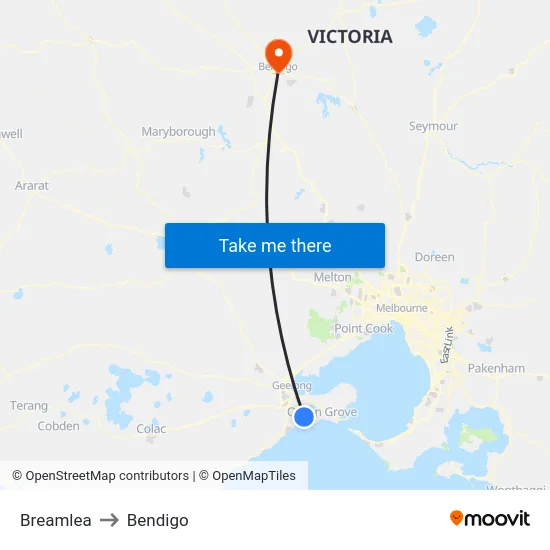 Breamlea to Bendigo map