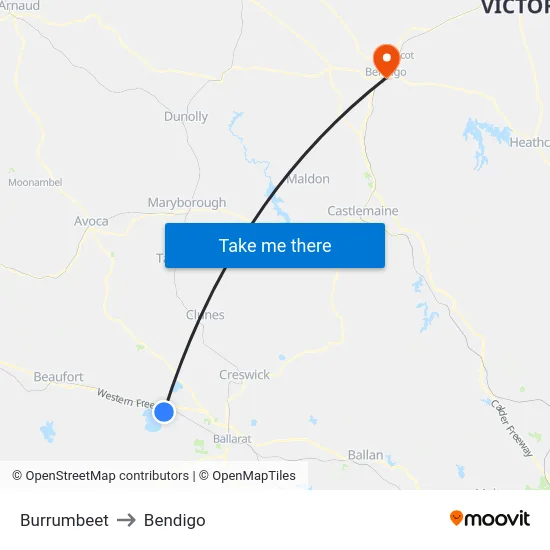 Burrumbeet to Bendigo map