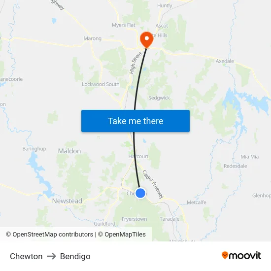 Chewton to Bendigo map