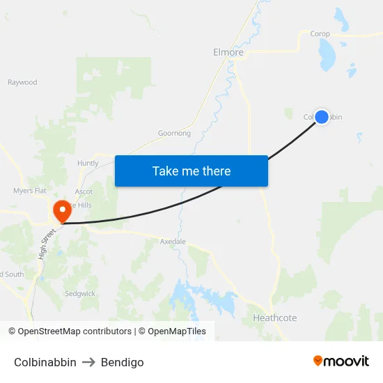 Colbinabbin to Bendigo map