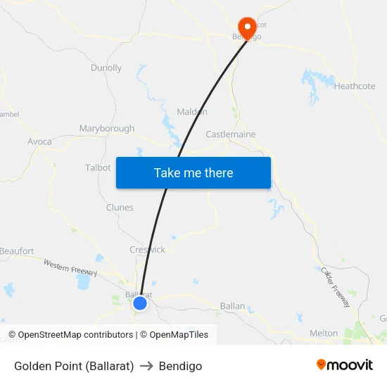 Golden Point (Ballarat) to Bendigo map