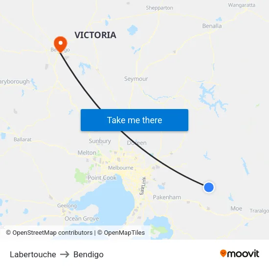 Labertouche to Bendigo map
