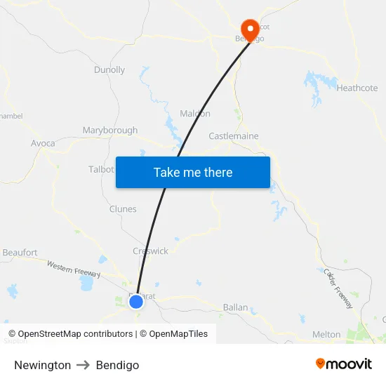 Newington to Bendigo map