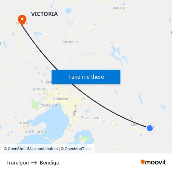 Traralgon to Bendigo map