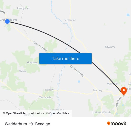 Wedderburn to Bendigo map